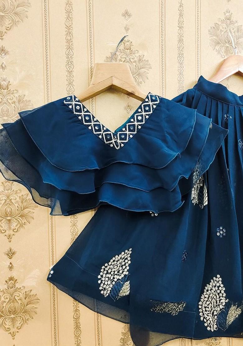 Teal Embroidered Blended Lehenga Choli For Girls - Indya