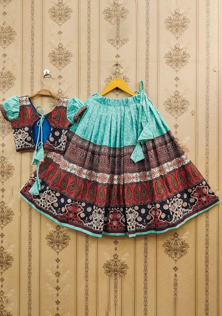 Turquoise Blue Printed Blended Lehenga Choli For Girls - Indya