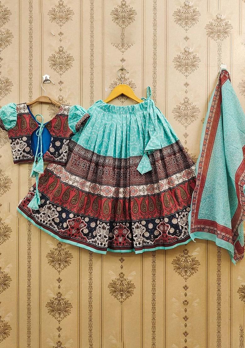 Turquoise Blue Printed Blended Lehenga Choli For Girls - Indya