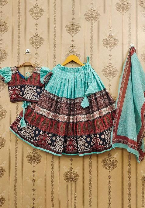 Turquoise Blue Printed Blended Lehenga Choli For Girls — view on Indya