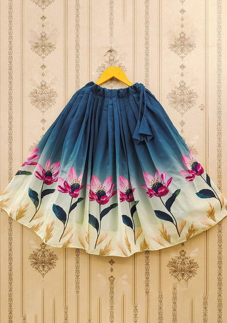 Blue Printed Blended Lehenga Choli For Girls - Indya
