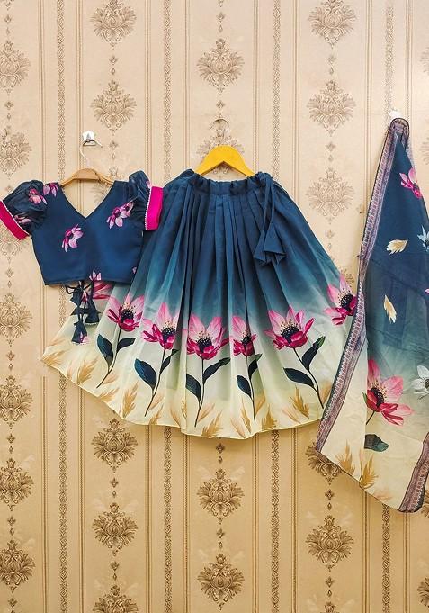 Blue Printed Blended Lehenga Choli For Girls — view on Indya