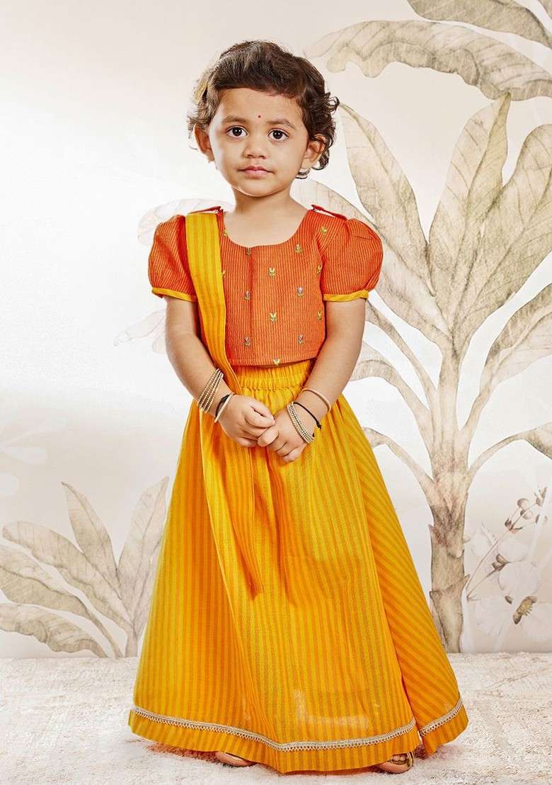 Orange Embroidered Cotton Blend Lehenga Choli For Girls - Indya