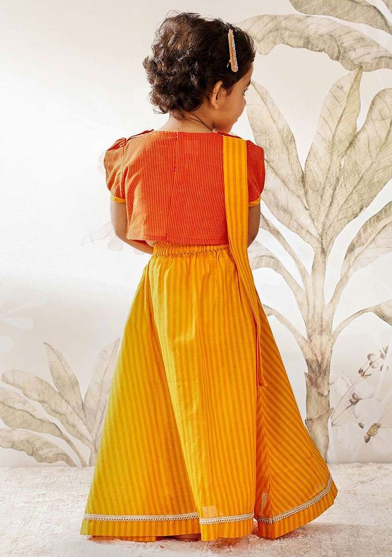 Orange Embroidered Cotton Blend Lehenga Choli For Girls - Indya