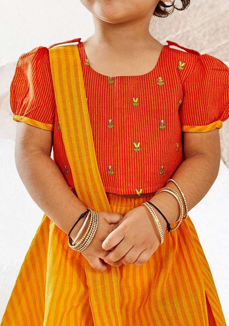 Orange Embroidered Cotton Blend Lehenga Choli For Girls - Indya