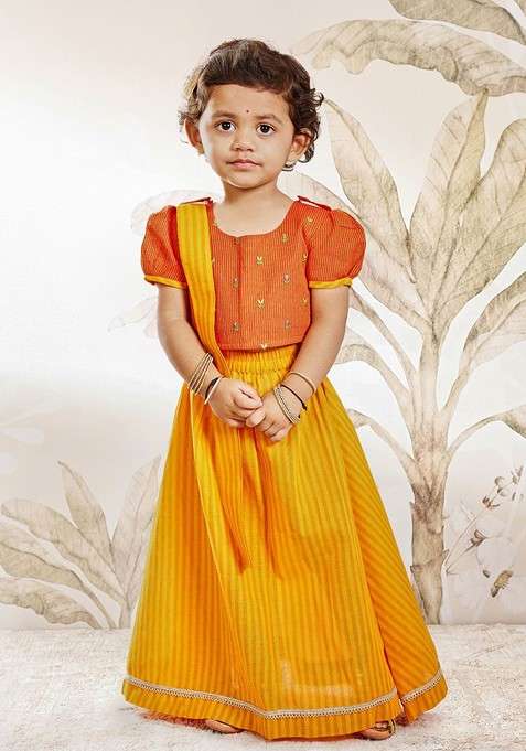 Orange Embroidered Cotton Blend Lehenga Choli For Girls