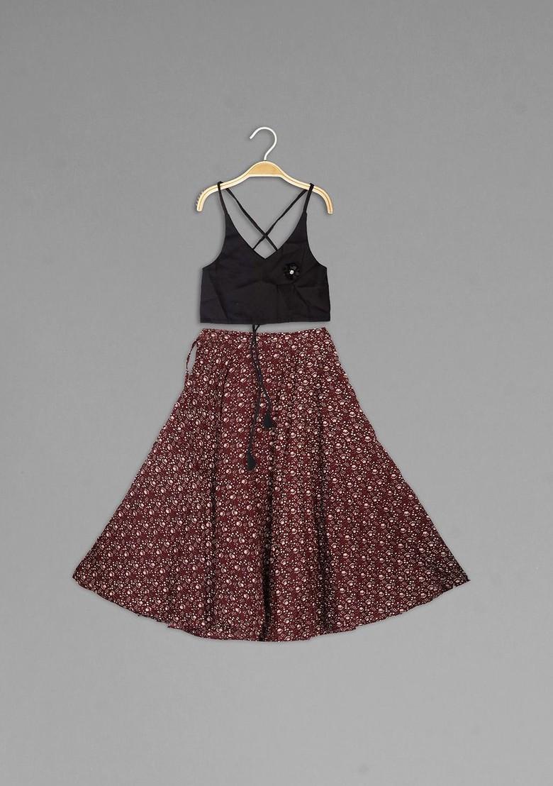 Maroon Printed Blended Lehenga Choli For Girls - Indya