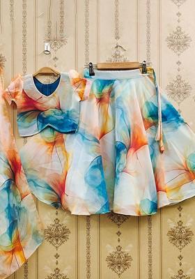 White Printed Blended Lehenga Choli For Girls