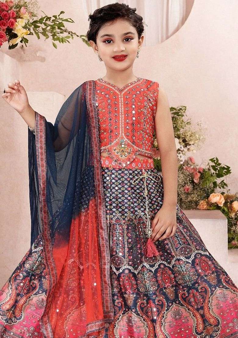 Red Embellished Silk Lehenga Choli For Girls - Indya