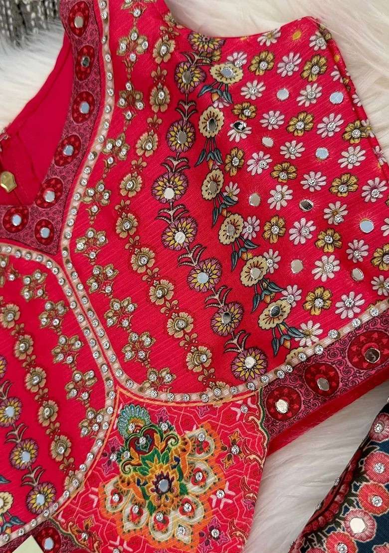 Red Embellished Silk Lehenga Choli For Girls - Indya