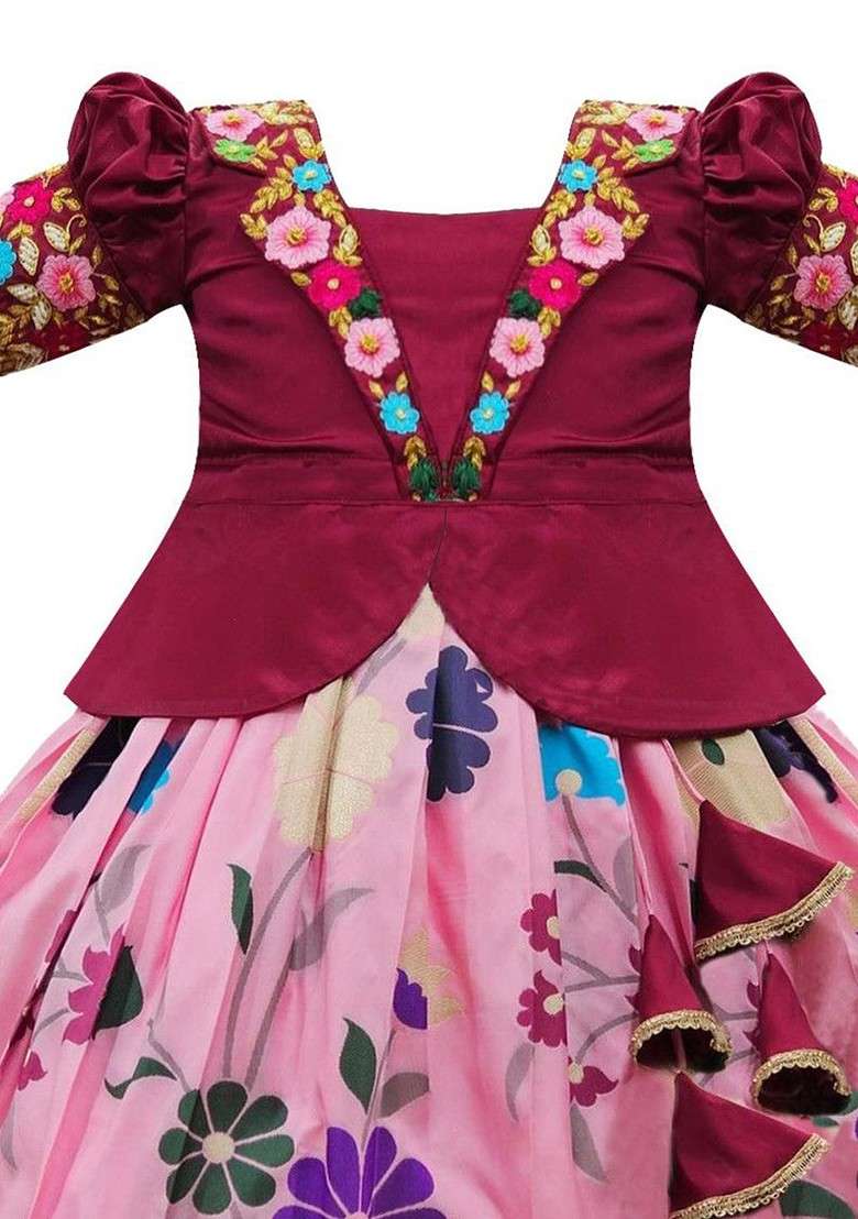 Maroon Embroidered Blended Lehenga Choli For Girls - Indya
