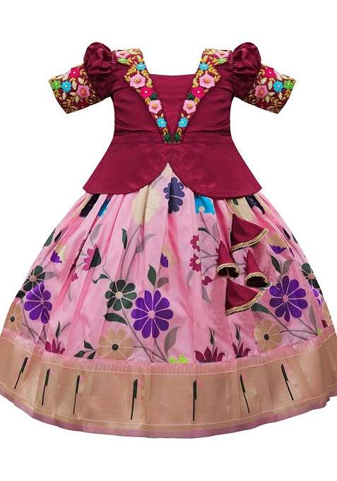 Maroon Embroidered Blended Lehenga Choli For Girls
