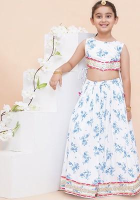 White Embellished Cotton Blend Lehenga Choli For Girls