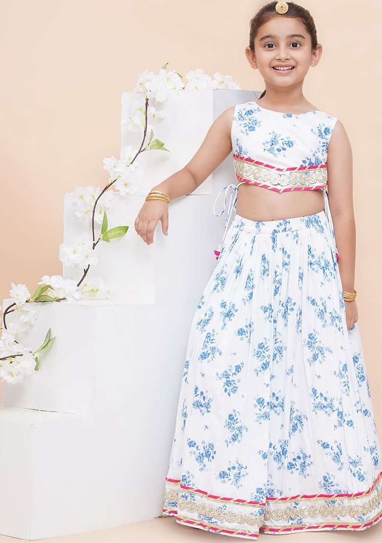 White Embellished Cotton Blend Lehenga Choli For Girls - Indya