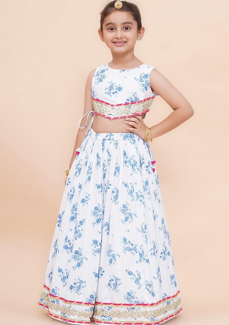 White Embellished Cotton Blend Lehenga Choli For Girls - Indya