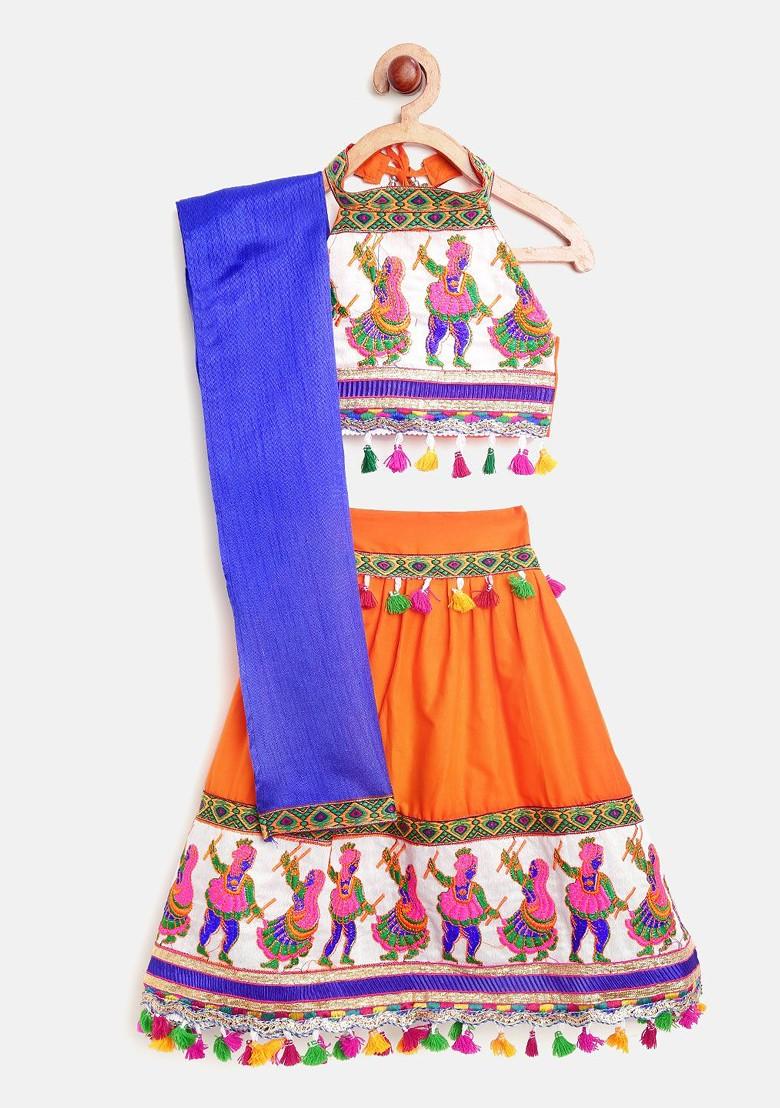 Orange Embroidered Blended Lehenga Choli For Girls - Indya