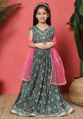 Green Printed Cotton Blend Lehenga Choli For Girls