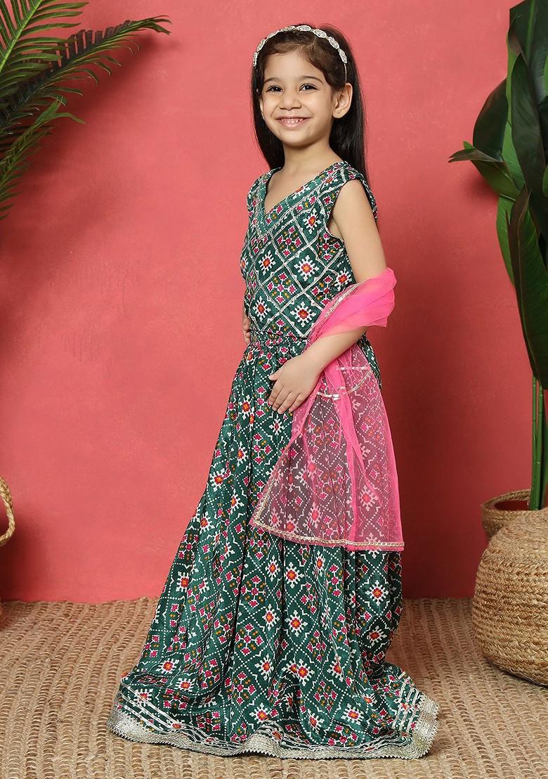 Green Printed Cotton Blend Lehenga Choli For Girls - Indya