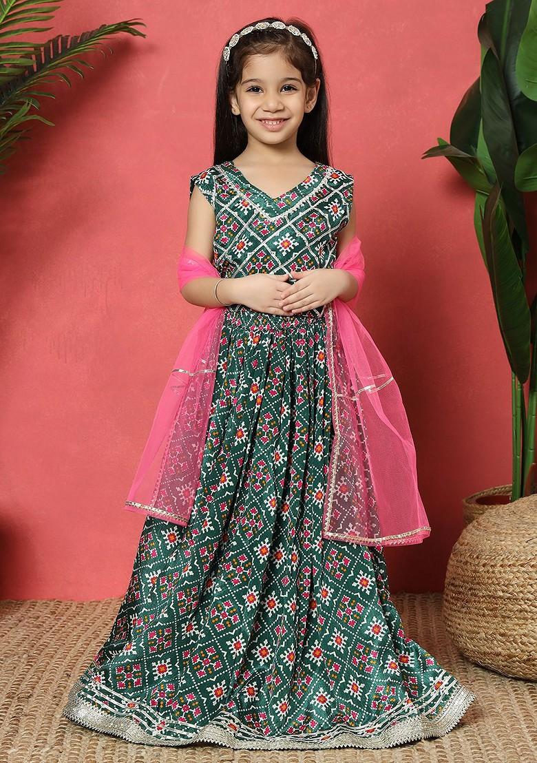 Green Printed Cotton Blend Lehenga Choli For Girls - Indya