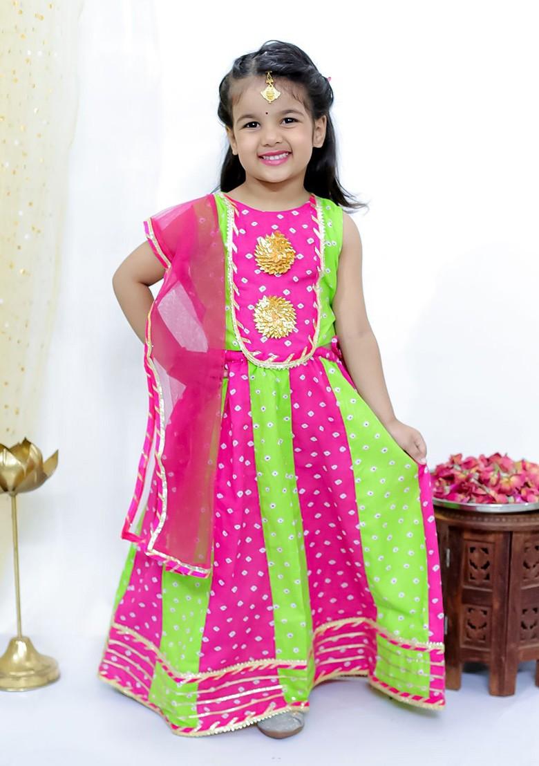 Green Printed Blended Lehenga Choli For Girls - Indya