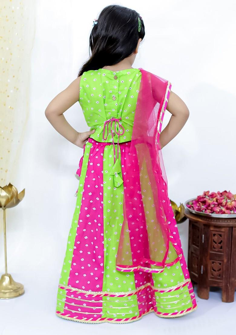 Green Printed Blended Lehenga Choli For Girls - Indya