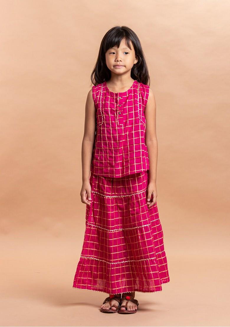 Pink Printed Cotton Blend Lehenga Choli For Girls - Indya