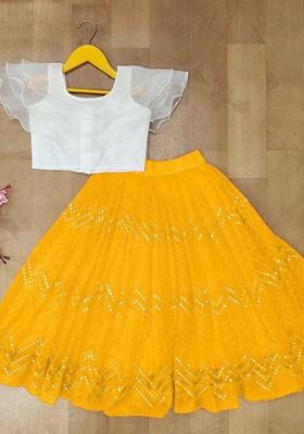 Yellow Embellished Blended Lehenga Choli For Girls