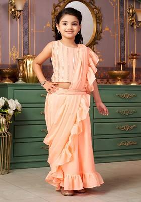 Peach Embroidered Blended Lehenga Choli For Girls