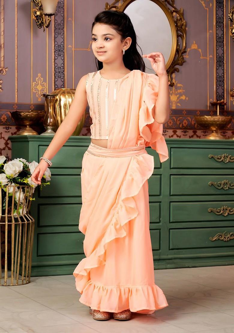 Peach Embroidered Blended Lehenga Choli For Girls - Indya
