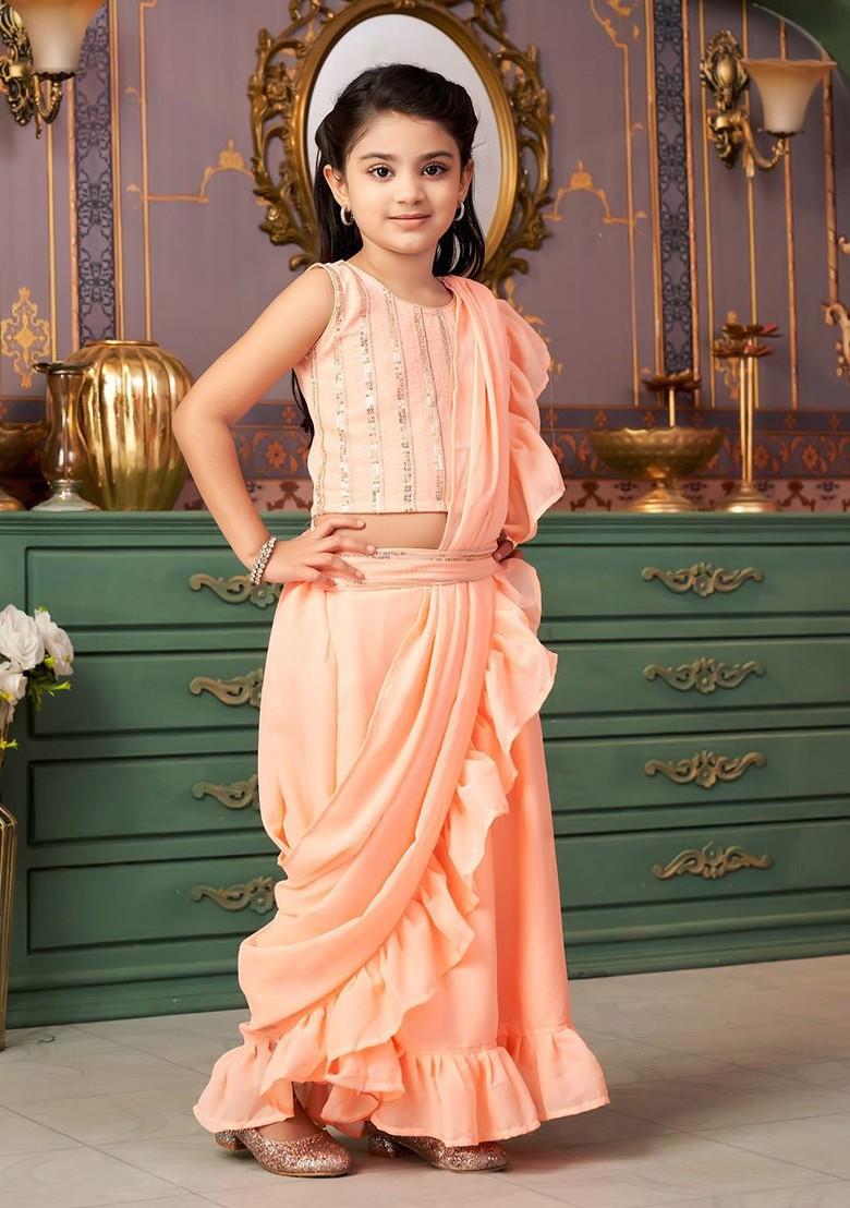 Peach Embroidered Blended Lehenga Choli For Girls - Indya