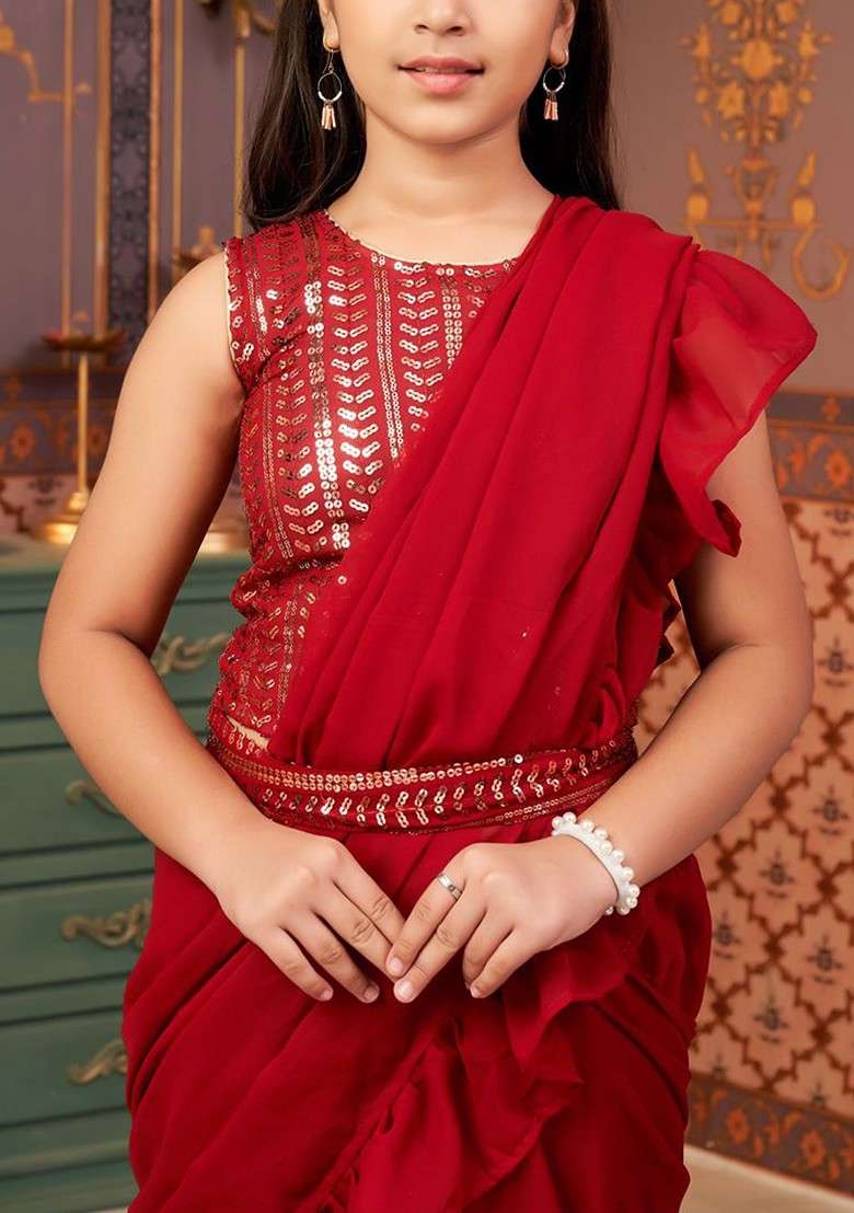 Maroon Embellished Blended Lehenga Choli For Girls - Indya
