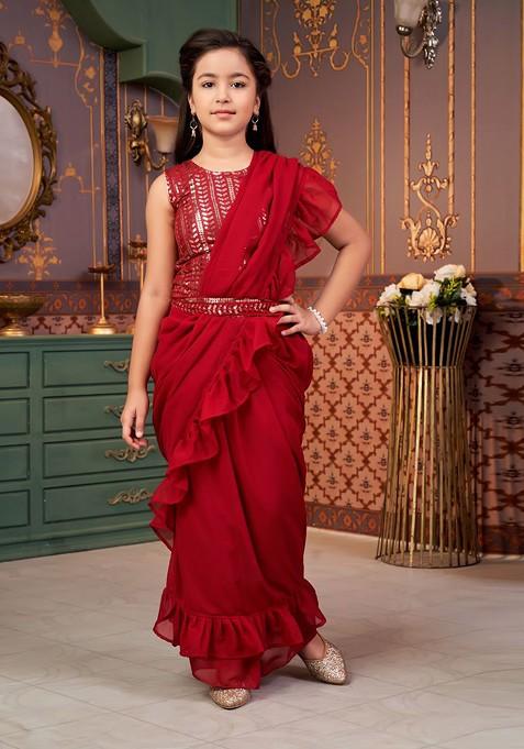 Maroon Embellished Blended Lehenga Choli For Girls — view on Indya