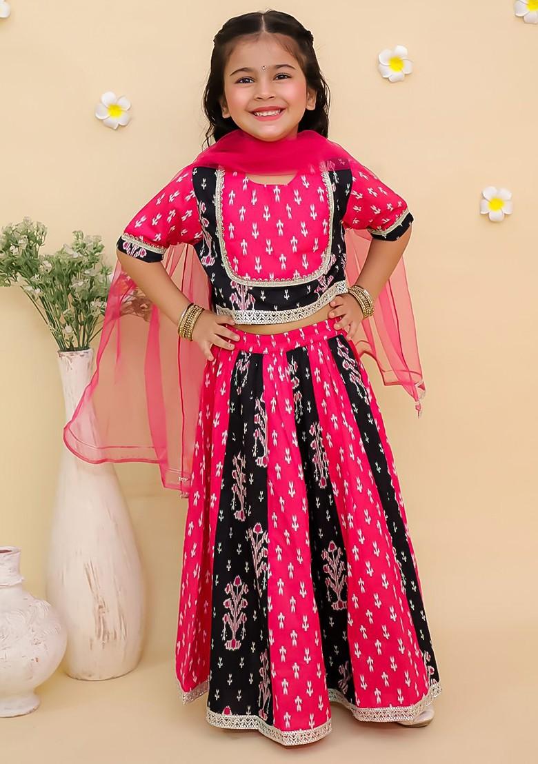 Pink Printed Cotton Blend Lehenga Choli For Girls - Indya