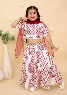 Cream Printed Cotton Blend Lehenga Choli For Girls
