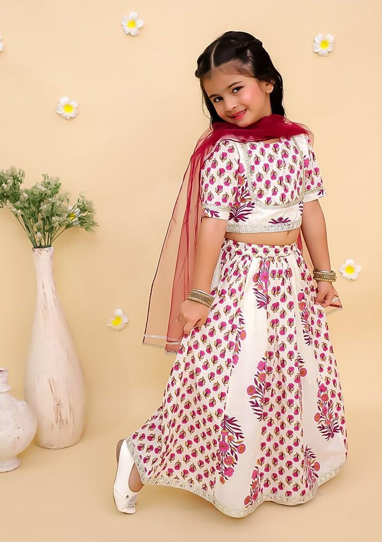Cream Printed Cotton Blend Lehenga Choli For Girls - Indya