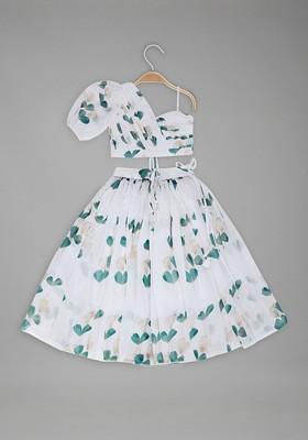 White Printed Blended Lehenga Choli For Girls