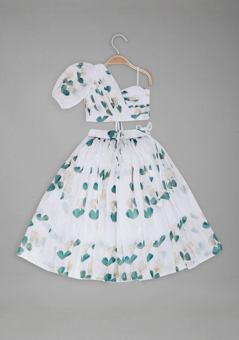 White Printed Blended Lehenga Choli For Girls - Indya