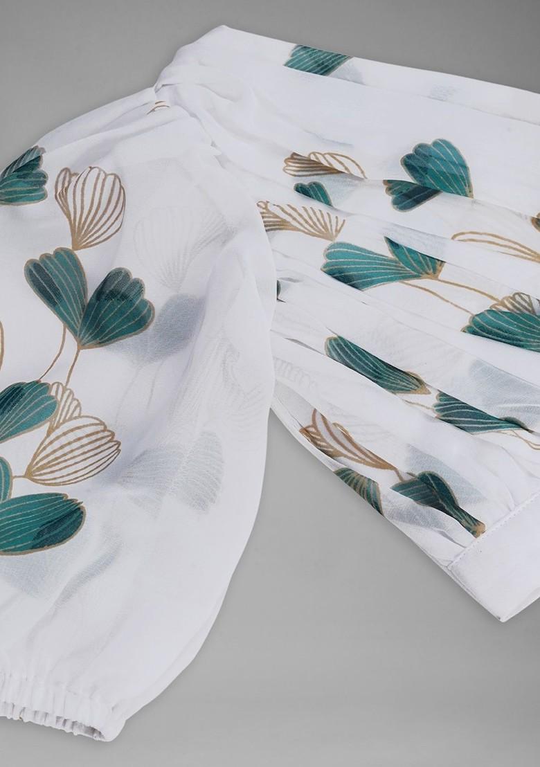 White Printed Blended Lehenga Choli For Girls - Indya