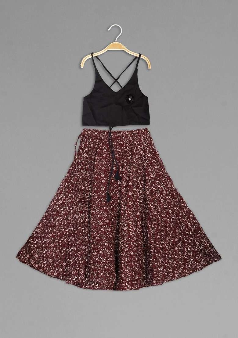 Maroon Embroidered Blended Lehenga Choli For Girls - Indya