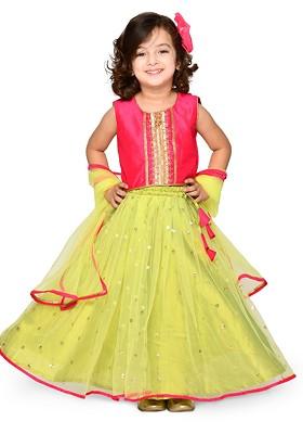 Fluorescent Green Embellished Blended Lehenga Choli For Girls