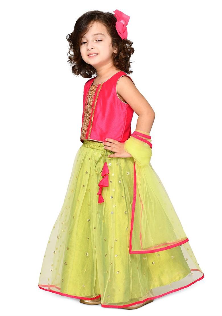 Fluorescent Green Embellished Blended Lehenga Choli For Girls - Indya