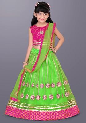 Lime Green Embroidered Blended Lehenga Choli For Girls