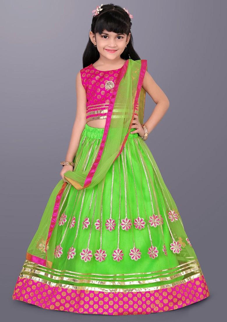 Lime Green Embroidered Blended Lehenga Choli For Girls - Indya