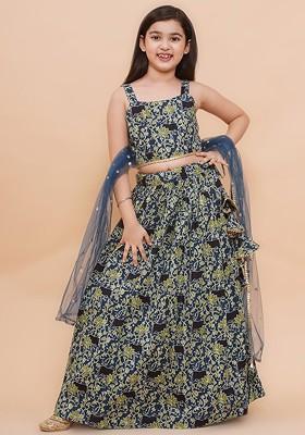 Blue Printed Cotton Blend Lehenga Choli For Girls