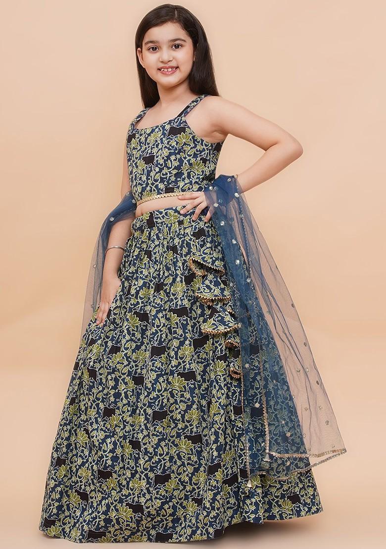 Blue Printed Cotton Blend Lehenga Choli For Girls - Indya