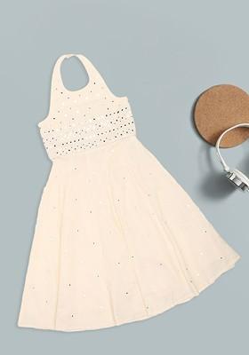 Off White Embroidered Cotton Blend Lehenga Choli For Girls