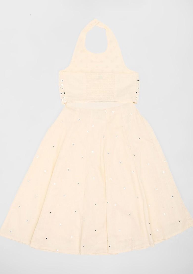 Off White Embroidered Cotton Blend Lehenga Choli For Girls - Indya