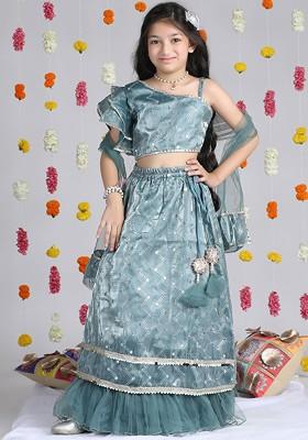 Sea Green Embroidered Blended Lehenga Choli For Girls