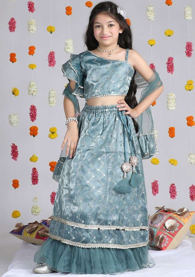 Sea Green Embroidered Blended Lehenga Choli For Girls - Indya
