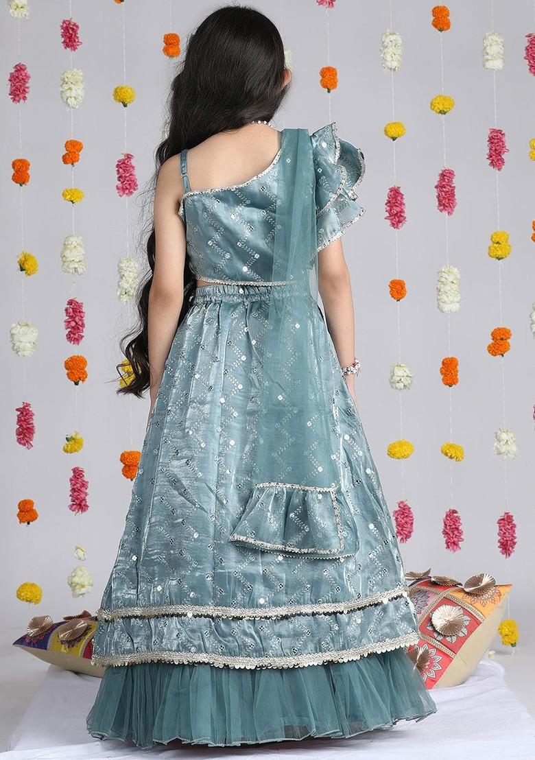 Sea Green Embroidered Blended Lehenga Choli For Girls - Indya